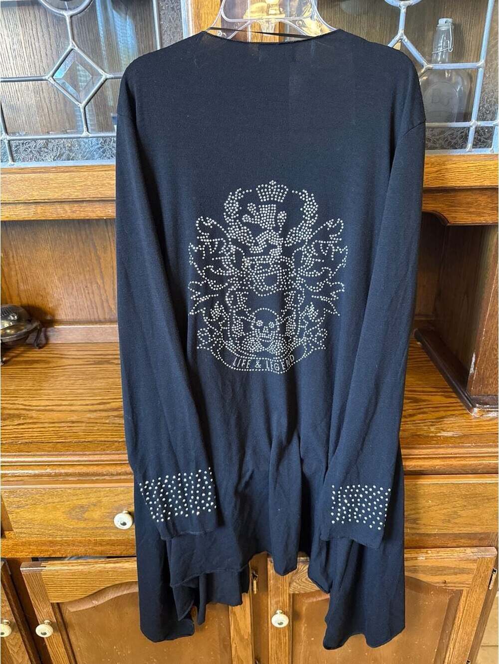 Venus Black Long Cardigan Size L Rhinestone Life & Legend Back